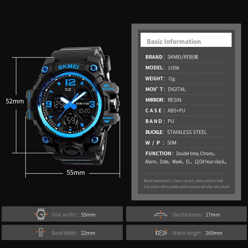 Fashion Back Light Shockproof Sports Watches Mens 5Bar Waterproof 2 Time Chrono Digital Wristwatches Male Reloj Hombre