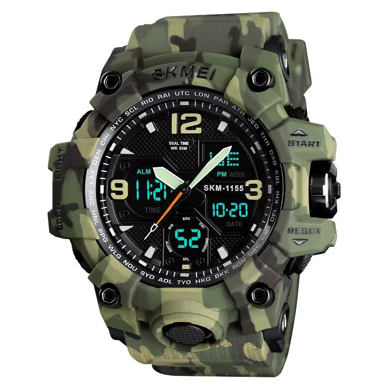 Fashion Back Light Shockproof Sports Watches Mens 5Bar Waterproof 2 Time Chrono Digital Wristwatches Male Reloj Hombre