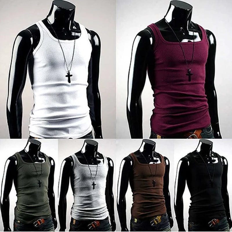 Men'S Casual Tank Sleeveless Square Neck Exercise Muscle Slim Vest Top Bodybuilding Fitness Muscle Singlet T-Shirts Camisetas