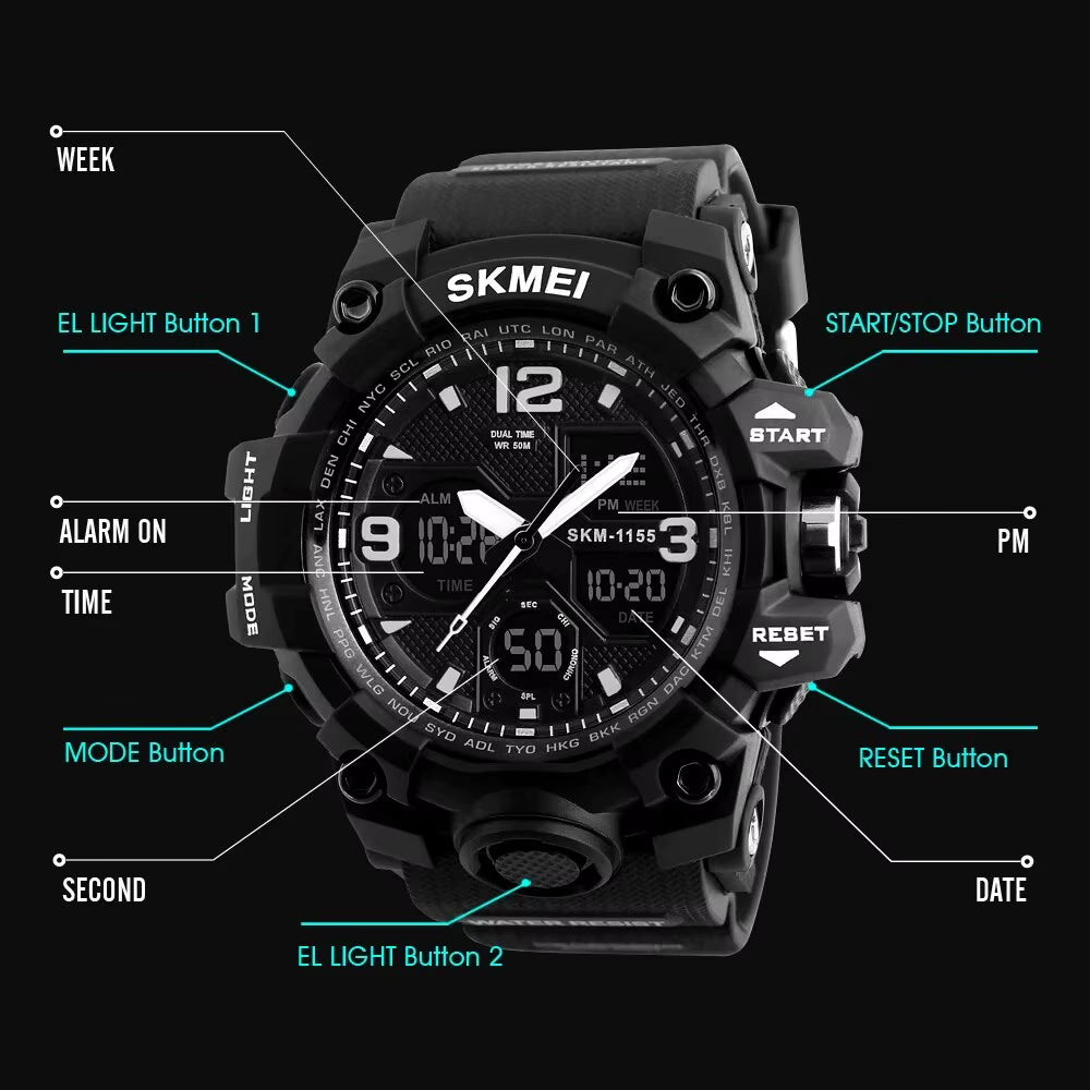 Fashion Back Light Shockproof Sports Watches Mens 5Bar Waterproof 2 Time Chrono Digital Wristwatches Male Reloj Hombre