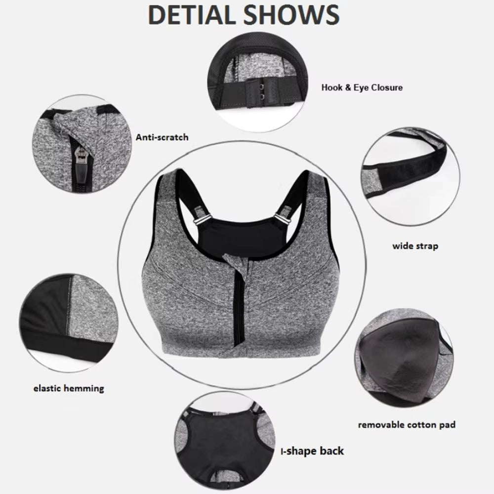 Plus Size Top Women Front Zipper Sports Bras Underwear Shockproof Gym Fitness Push up Athletic Running Yoga Sport Bra Top 3XL