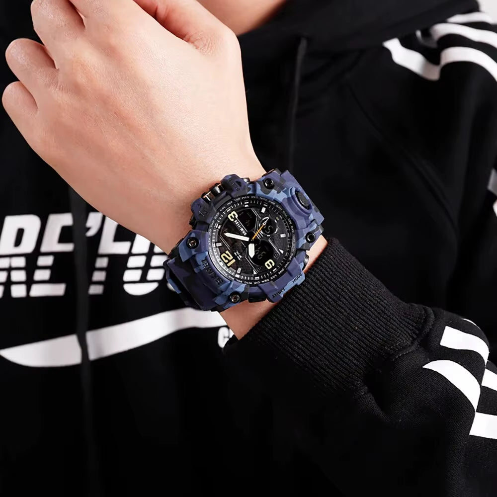 Fashion Back Light Shockproof Sports Watches Mens 5Bar Waterproof 2 Time Chrono Digital Wristwatches Male Reloj Hombre